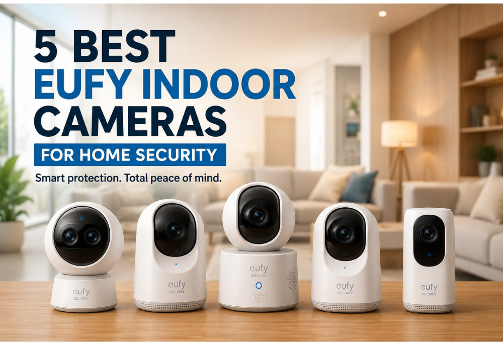 Five best Eufy indoor cameras for home security, featuring the Indoor Cam S350, E30, E220, E220 2-Camera Kit, and C220 in a modern smart home living room.