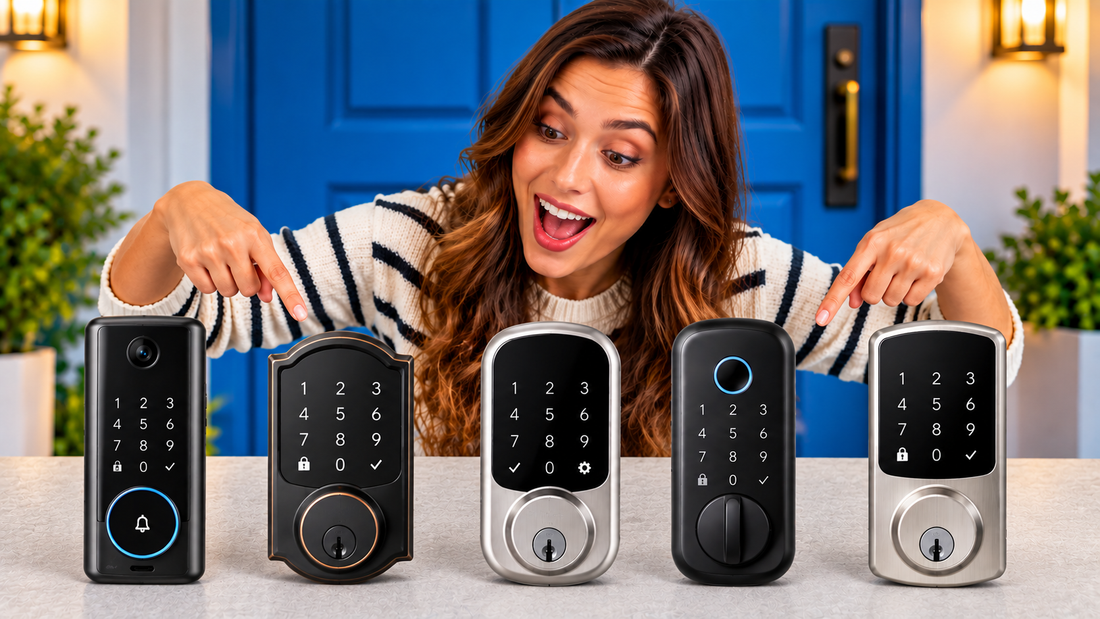 Five smart locks for front doors displayed with a woman comparing keyless entry options