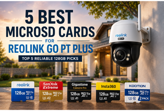 Reolink Go PT Plus security camera with the five best recommended 128GB microSD cards for reliable local security camera storage