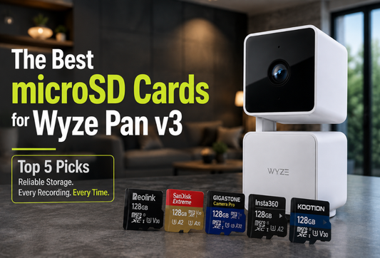 Wyze Pan v3 security camera with a 128GB microSD card in a modern smart home showing the best local storage options