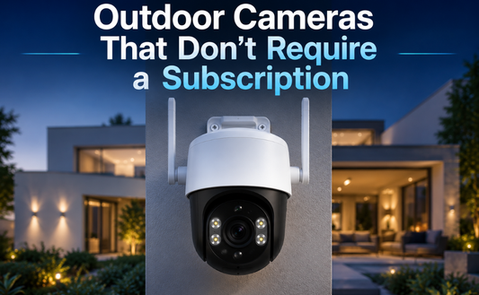 Modern outdoor security camera installed outside a contemporary home without requiring a monthly subscription.