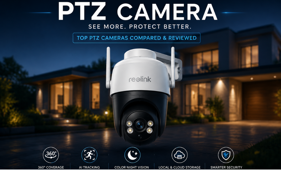 Best PTZ security camera with 360° pan, tilt, AI tracking, and color night vision protecting a modern home