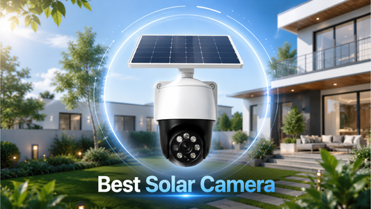 Best solar security camera installed on a modern smart home with a solar panel, showcasing wireless outdoor surveillance, AI motion detection, and sustainable home security.