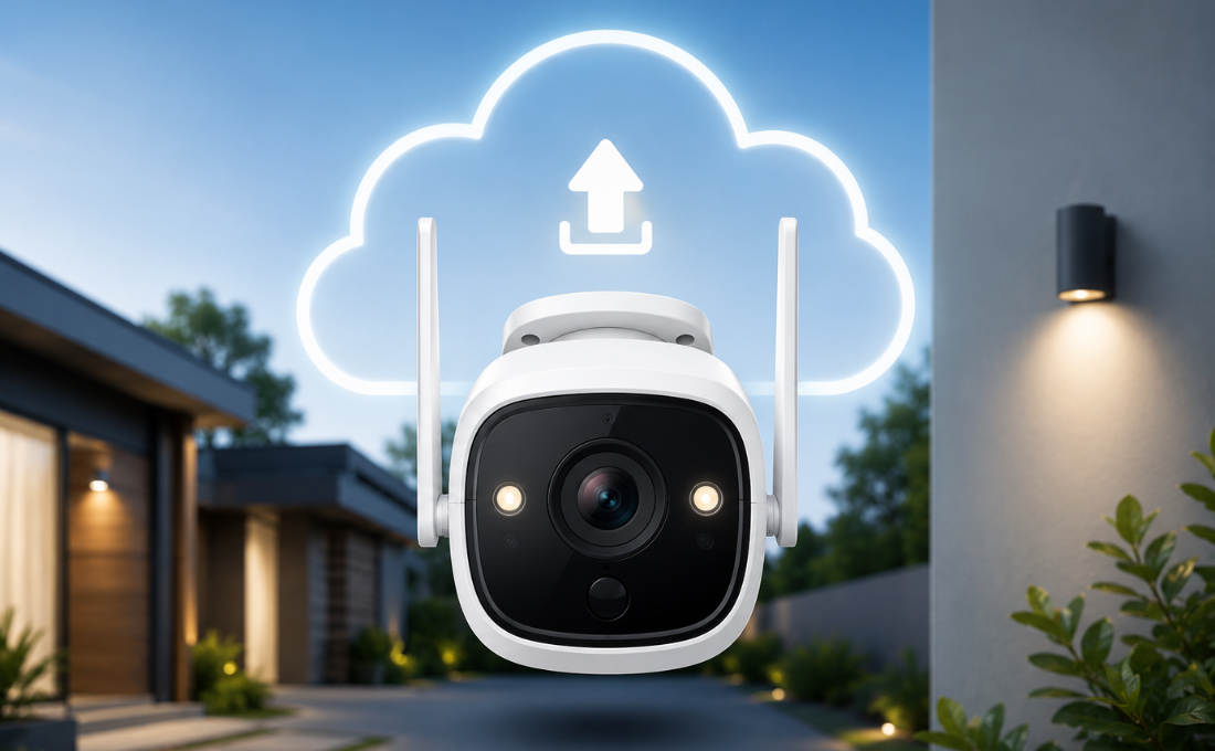 Modern outdoor security camera installed on a contemporary home with free cloud storage, remote monitoring, AI motion detection, and smart home security features.