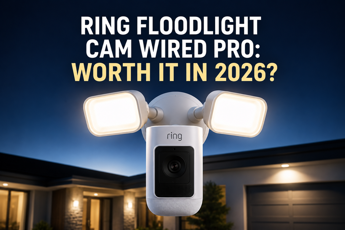 Ring Floodlight Cam Wired Pro mounted on a modern home at night with dual LED floodlights, featured in our 2026 review and buying guide