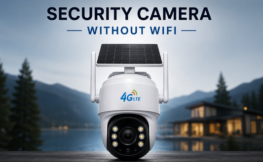 Security camera that connects to a phone without WiFi featuring a 4G LTE solar security camera centered in a modern outdoor home security scene.