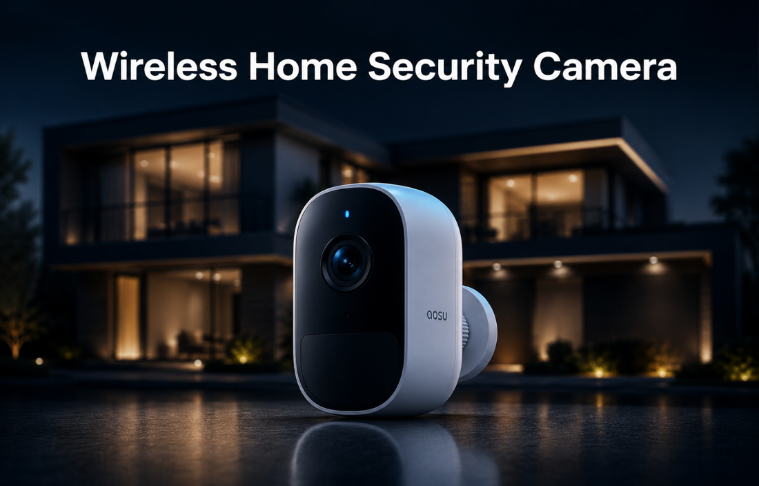 Wireless home security camera protecting a modern smart home at night with advanced surveillance technology